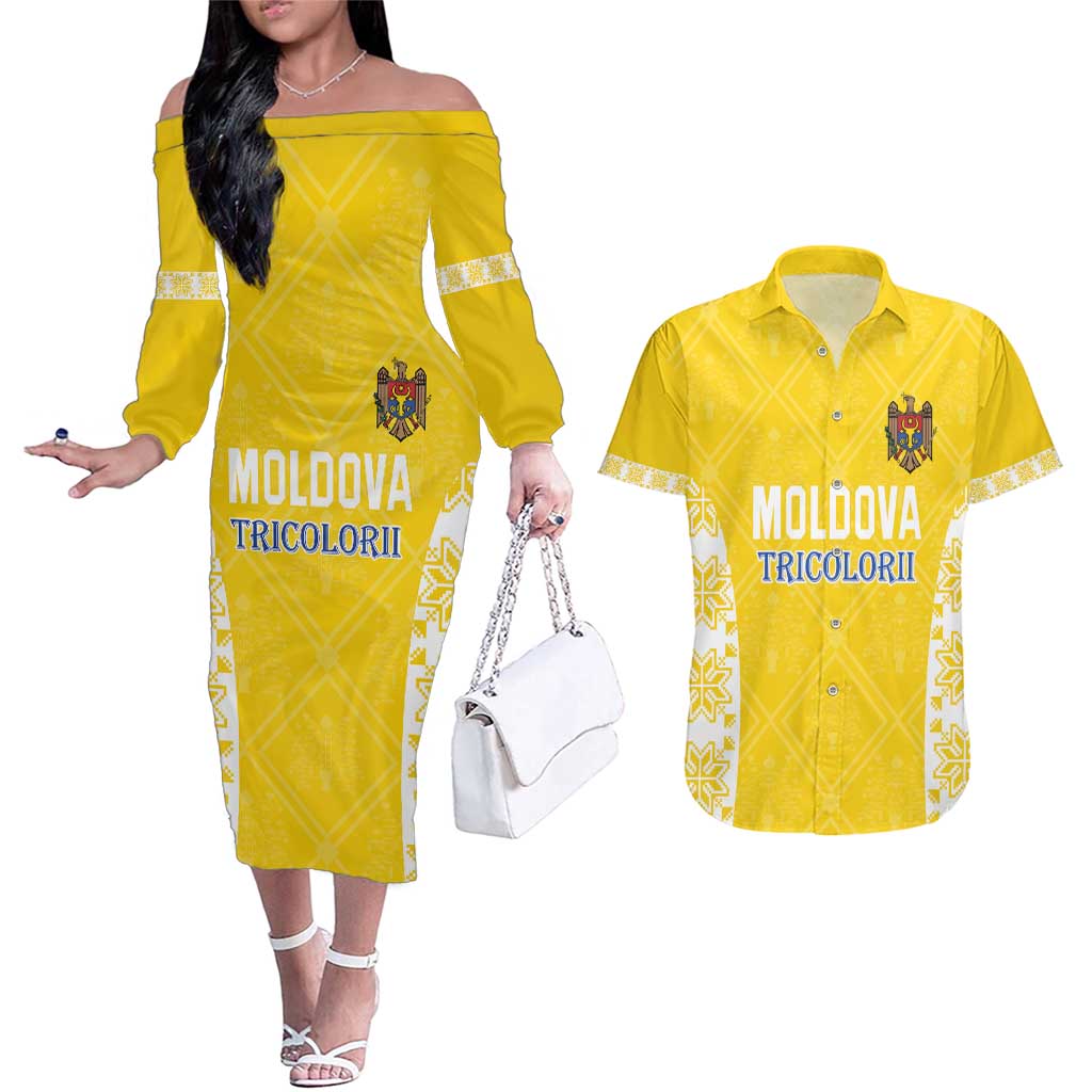 Custom Moldova Football Couples Matching Off The Shoulder Long Sleeve Dress and Hawaiian Shirt Tricolorii Tree Of Life Yellow Version - Wonder Print Shop