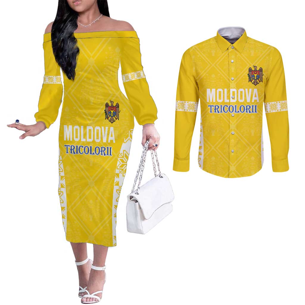 Custom Moldova Football Couples Matching Off The Shoulder Long Sleeve Dress and Long Sleeve Button Shirt Tricolorii Tree Of Life Yellow Version