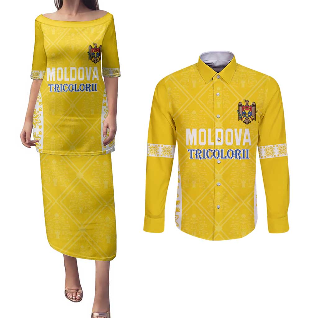 Custom Moldova Football Couples Matching Puletasi and Long Sleeve Button Shirt Tricolorii Tree Of Life Yellow Version - Wonder Print Shop