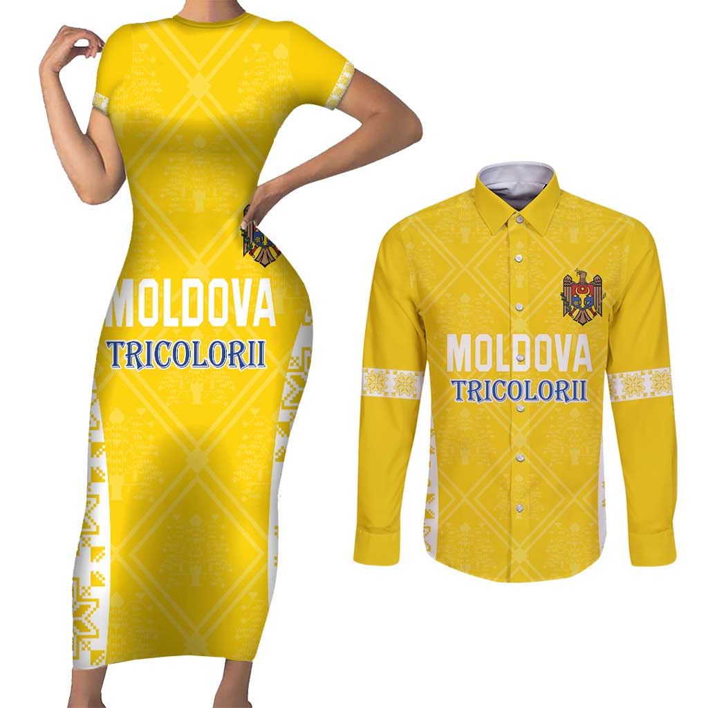 Custom Moldova Football Couples Matching Short Sleeve Bodycon Dress and Long Sleeve Button Shirt Tricolorii Tree Of Life Yellow Version - Wonder Print Shop