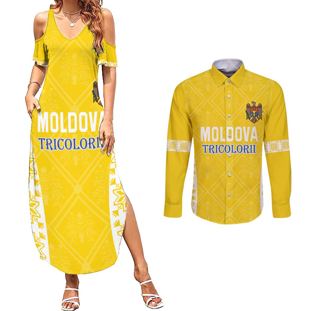 Custom Moldova Football Couples Matching Summer Maxi Dress and Long Sleeve Button Shirt Tricolorii Tree Of Life Yellow Version - Wonder Print Shop