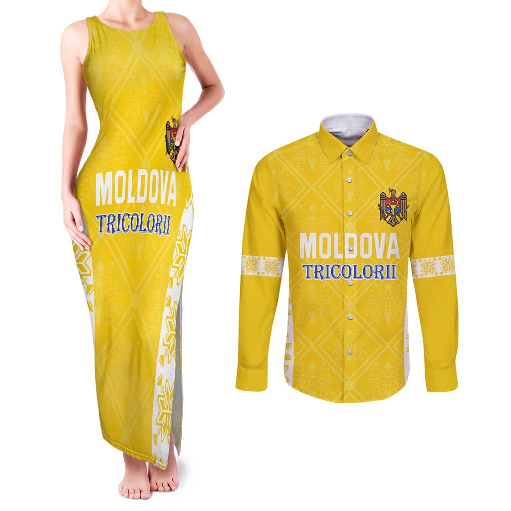 Custom Moldova Football Couples Matching Tank Maxi Dress and Long Sleeve Button Shirt Tricolorii Tree Of Life Yellow Version - Wonder Print Shop