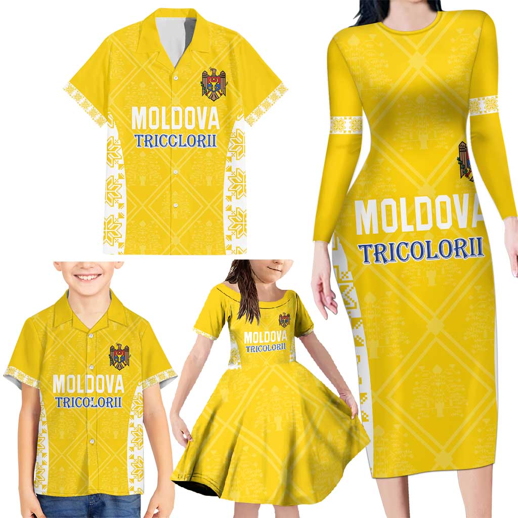 Custom Moldova Football Family Matching Long Sleeve Bodycon Dress and Hawaiian Shirt Tricolorii Tree Of Life Yellow Version - Wonder Print Shop