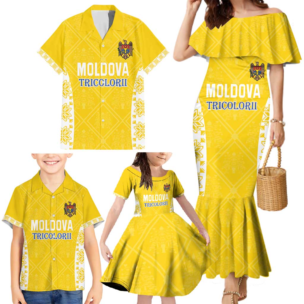 Custom Moldova Football Family Matching Mermaid Dress and Hawaiian Shirt Tricolorii Tree Of Life Yellow Version - Wonder Print Shop