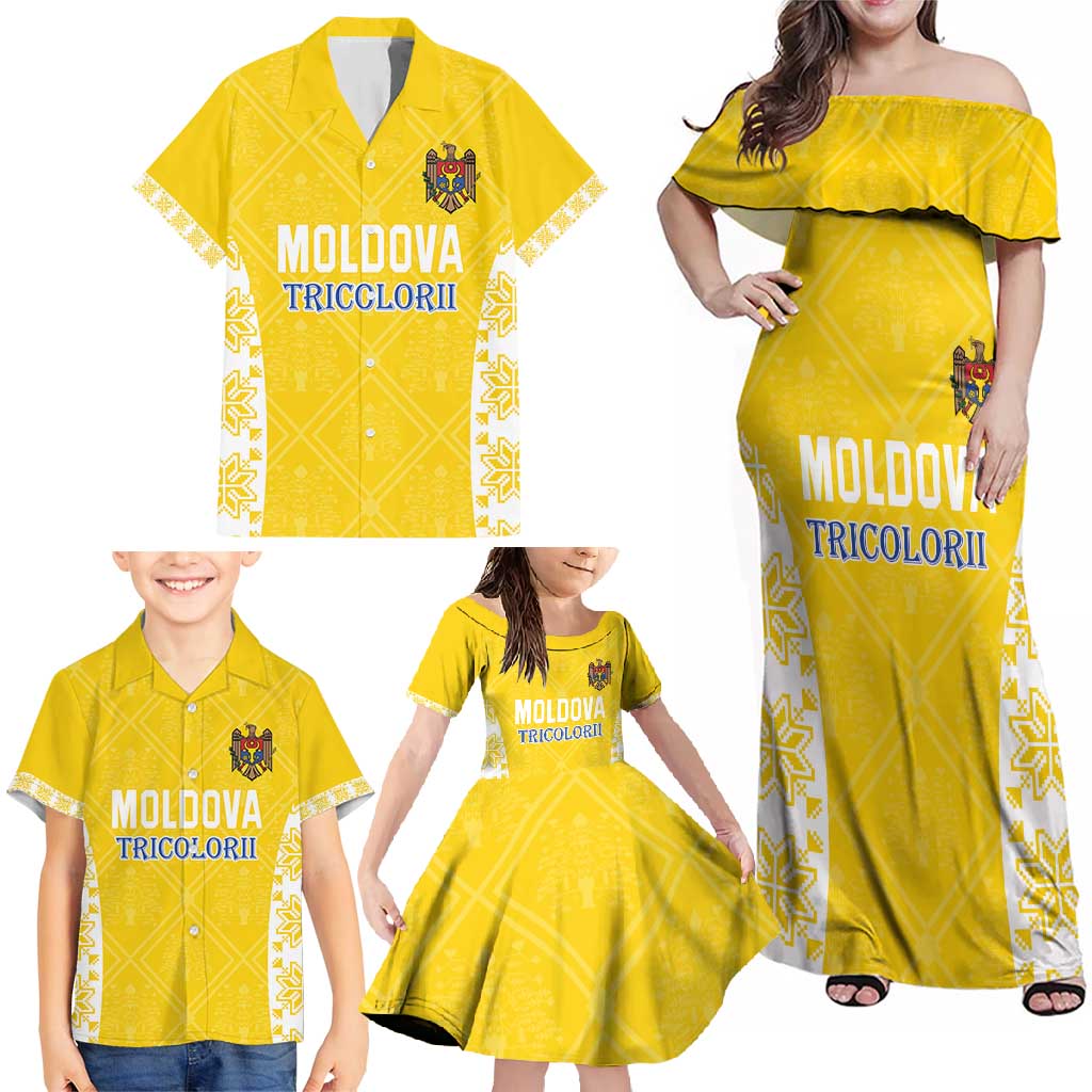 Custom Moldova Football Family Matching Off Shoulder Maxi Dress and Hawaiian Shirt Tricolorii Tree Of Life Yellow Version - Wonder Print Shop