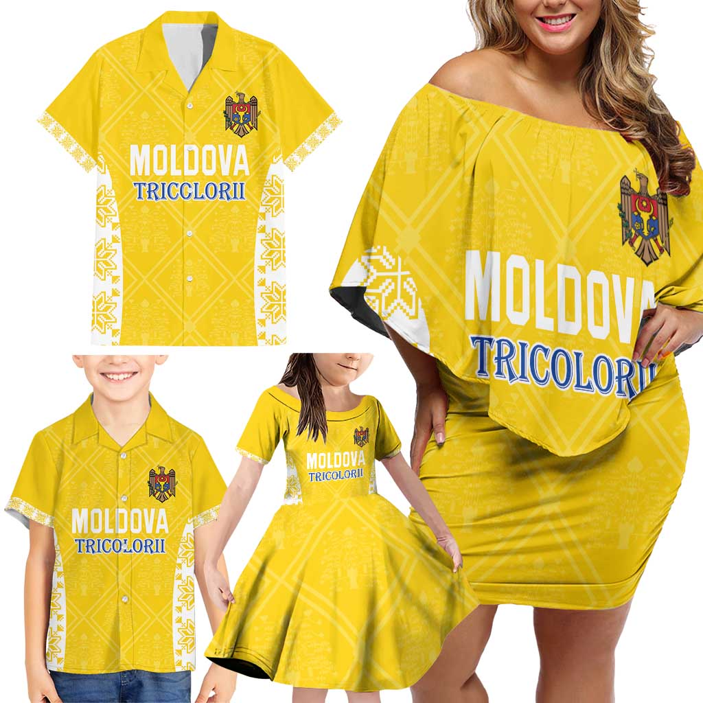 Custom Moldova Football Family Matching Off Shoulder Short Dress and Hawaiian Shirt Tricolorii Tree Of Life Yellow Version - Wonder Print Shop