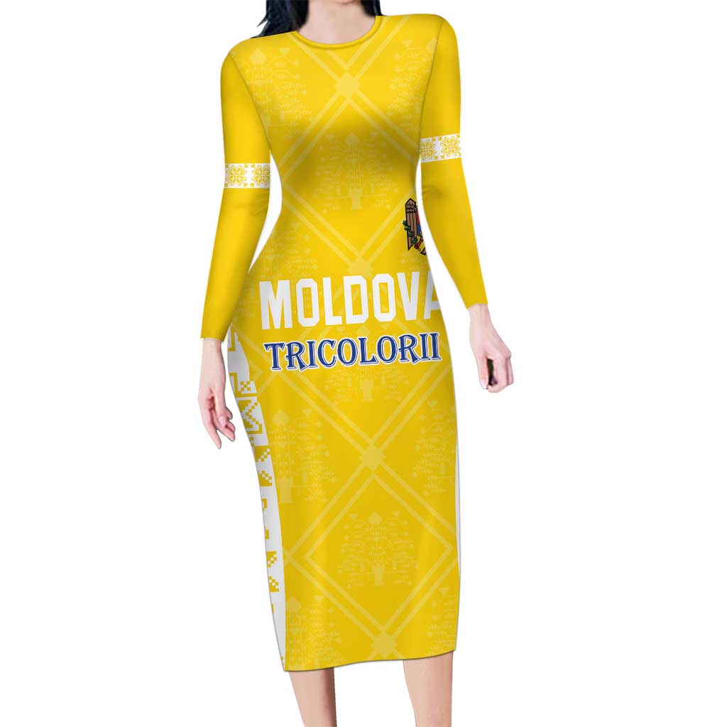 Custom Moldova Football Long Sleeve Bodycon Dress Tricolorii Tree Of Life Yellow Version - Wonder Print Shop