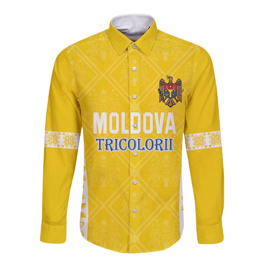 Custom Moldova Football Long Sleeve Button Shirt Tricolorii Tree Of Life Yellow Version - Wonder Print Shop