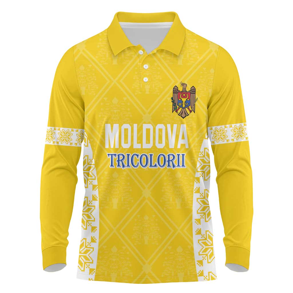 Custom Moldova Football Long Sleeve Polo Shirt Tricolorii Tree Of Life Yellow Version - Wonder Print Shop