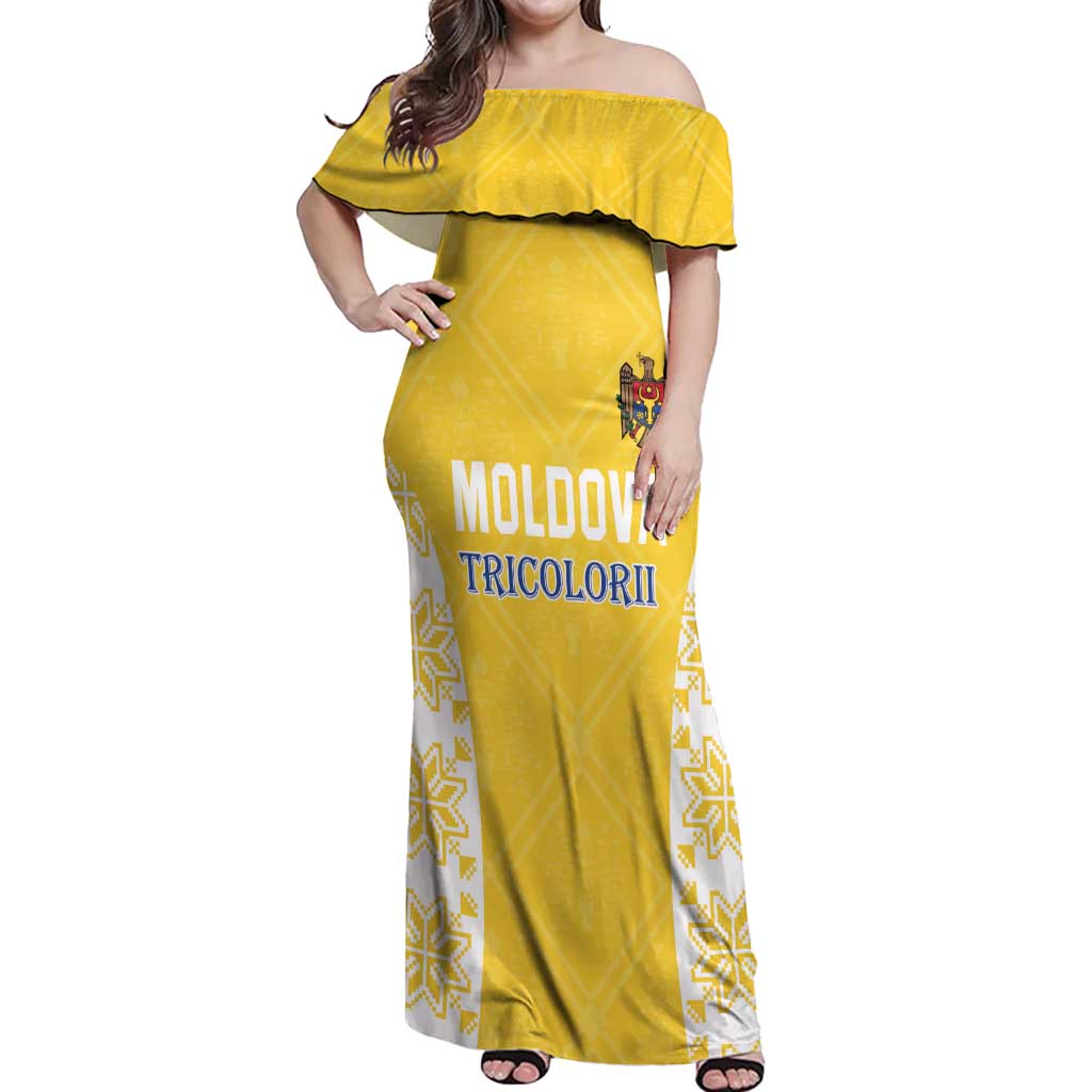 Custom Moldova Football Off Shoulder Maxi Dress Tricolorii Tree Of Life Yellow Version - Wonder Print Shop