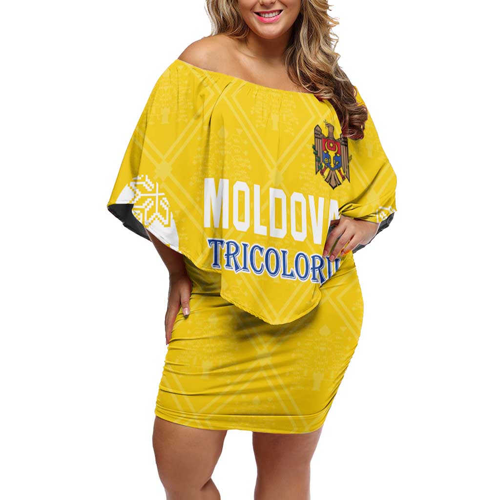 Custom Moldova Football Off Shoulder Short Dress Tricolorii Tree Of Life Yellow Version - Wonder Print Shop