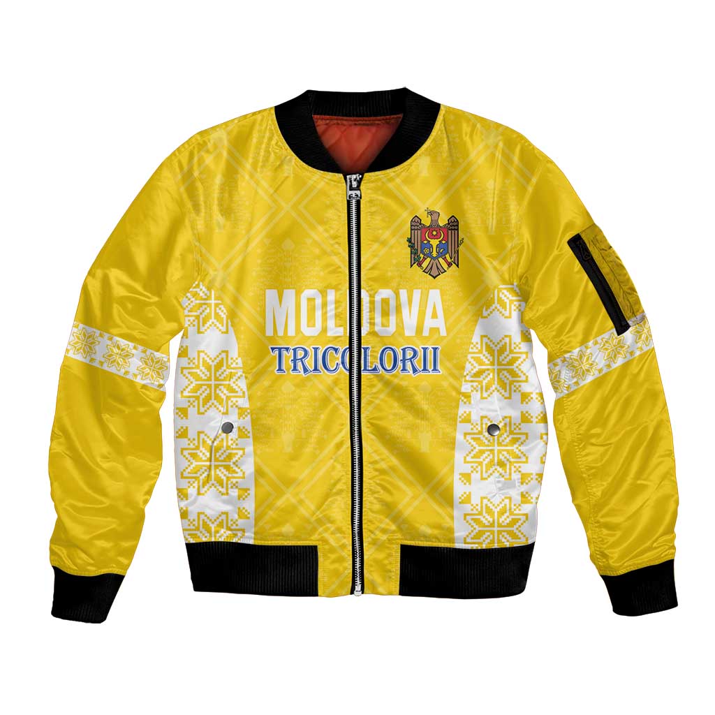 Custom Moldova Football Sleeve Zip Bomber Jacket Tricolorii Tree Of Life Yellow Version - Wonder Print Shop