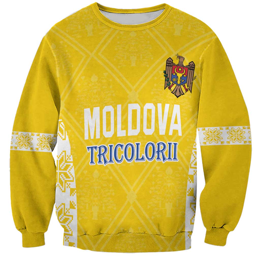 Yellow football sweatshirt with Moldova Tricolorii front graphic and crest