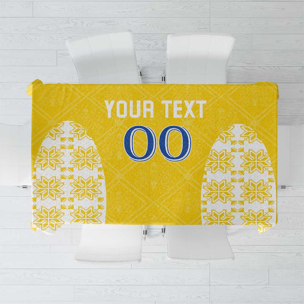 Yellow football tablecloth with white geometric borders and a blue "00" center design