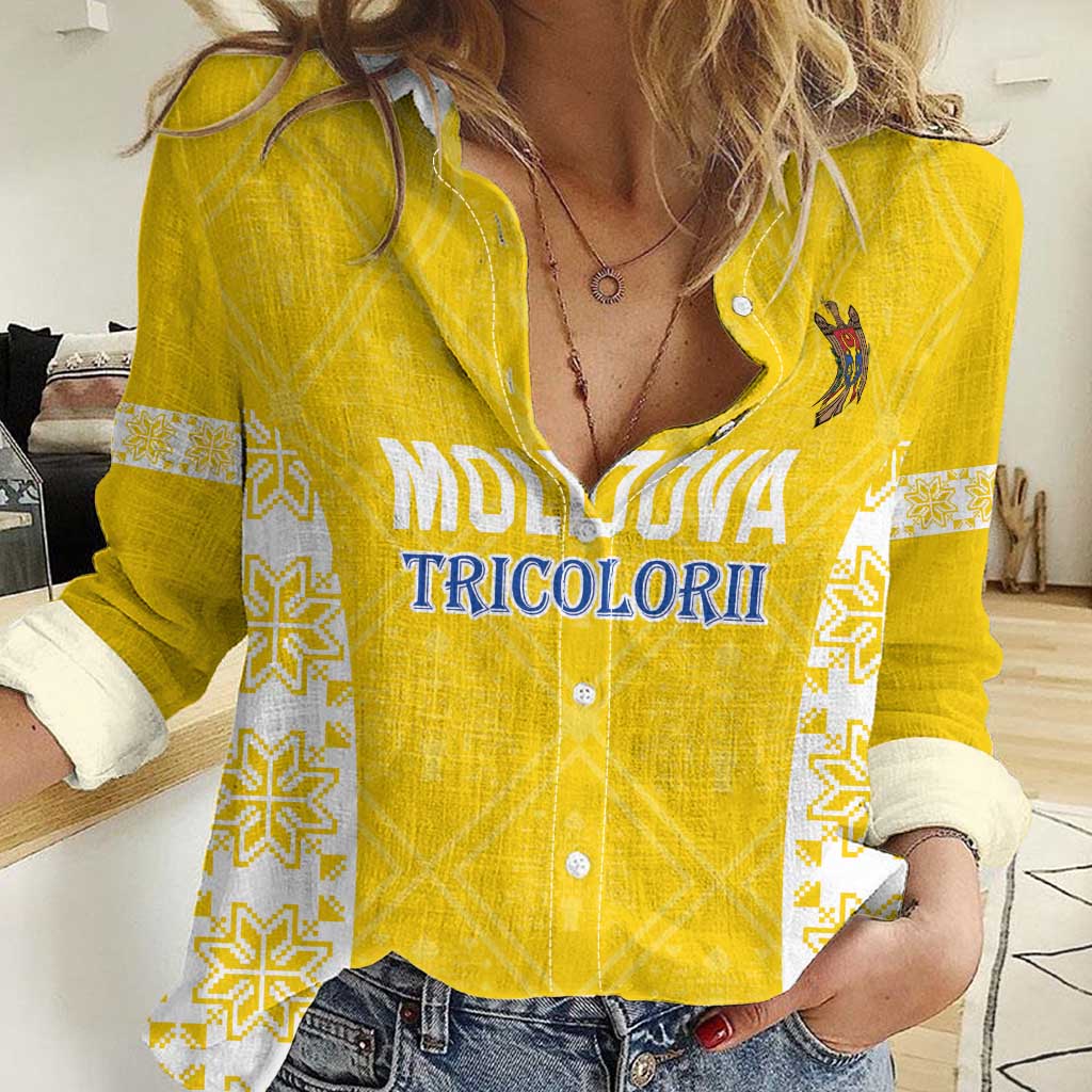 Custom Moldova Football Women Casual Shirt Tricolorii Tree Of Life Yellow Version