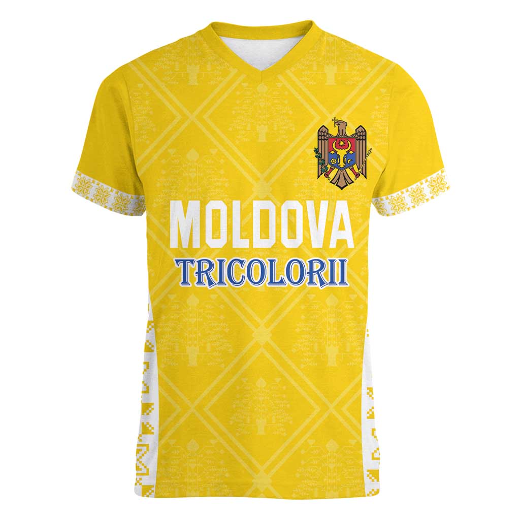 Custom Moldova Football Women V-Neck T-Shirt Tricolorii Tree Of Life Yellow Version - Wonder Print Shop