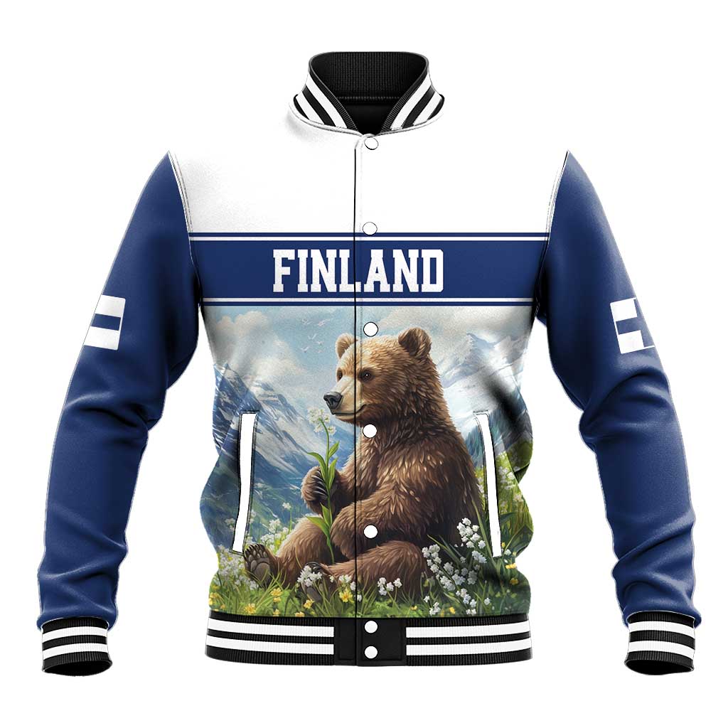 Blue/white baseball jacket with Finland print, bear with lilies, striped rib trim