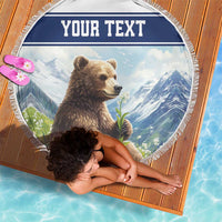 Round beach blanket with tassel fringe, brown bear scene and 'YOUR TEXT' banner