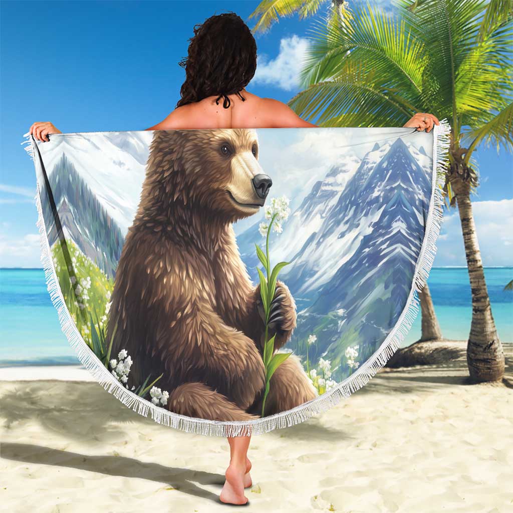 Round beach blanket with tassel fringe, brown bear portrait in mountain print with 'YOUR TEXT'