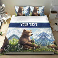 Brown bear themed blue duvet bedding set with “YOUR TEXT” band and matching pillowcases.