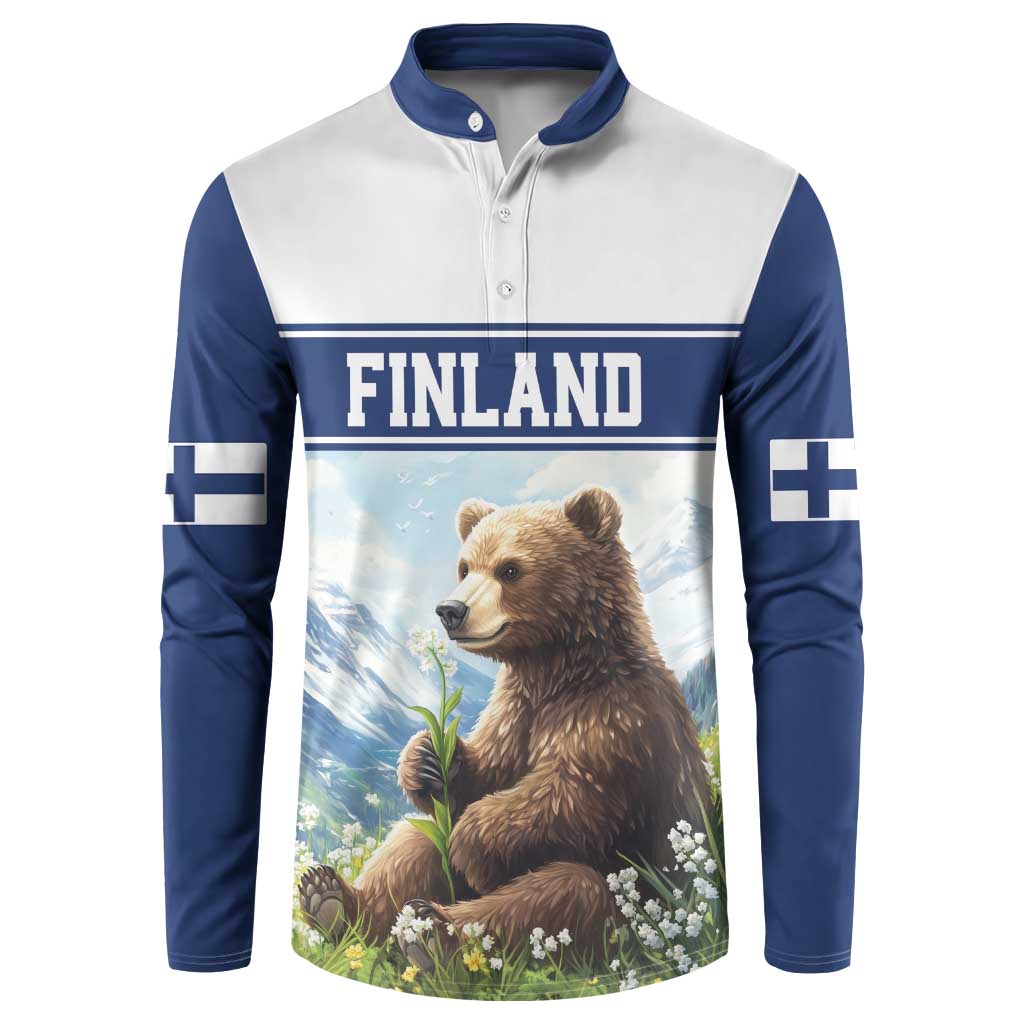 Blue and white button sweatshirt with bear graphic and Finland text, long sleeves