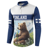 Finland button sweatshirt with bear, floral scene, and striped collar; blue sleeves