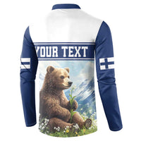 Back of blue-and-white button sweatshirt with bear graphic, Your Text print, long sleeves