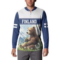 Blue and white button sweatshirt on model, Finland bear graphic with floral bottom print
