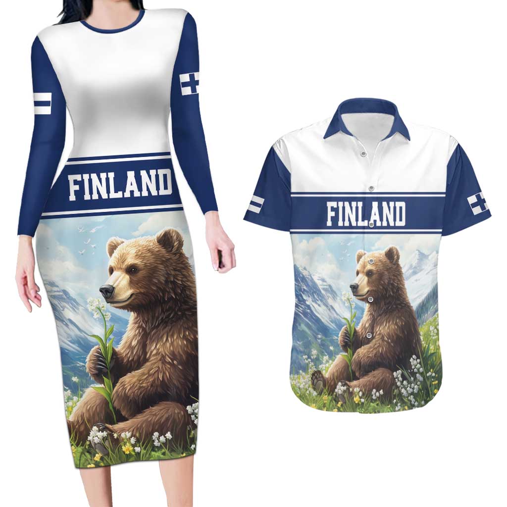 Personalized Finland Couples Matching Long Sleeve Bodycon Dress and Hawaiian Shirt Brown Bear With Lily Of The Valley - Wonder Print Shop