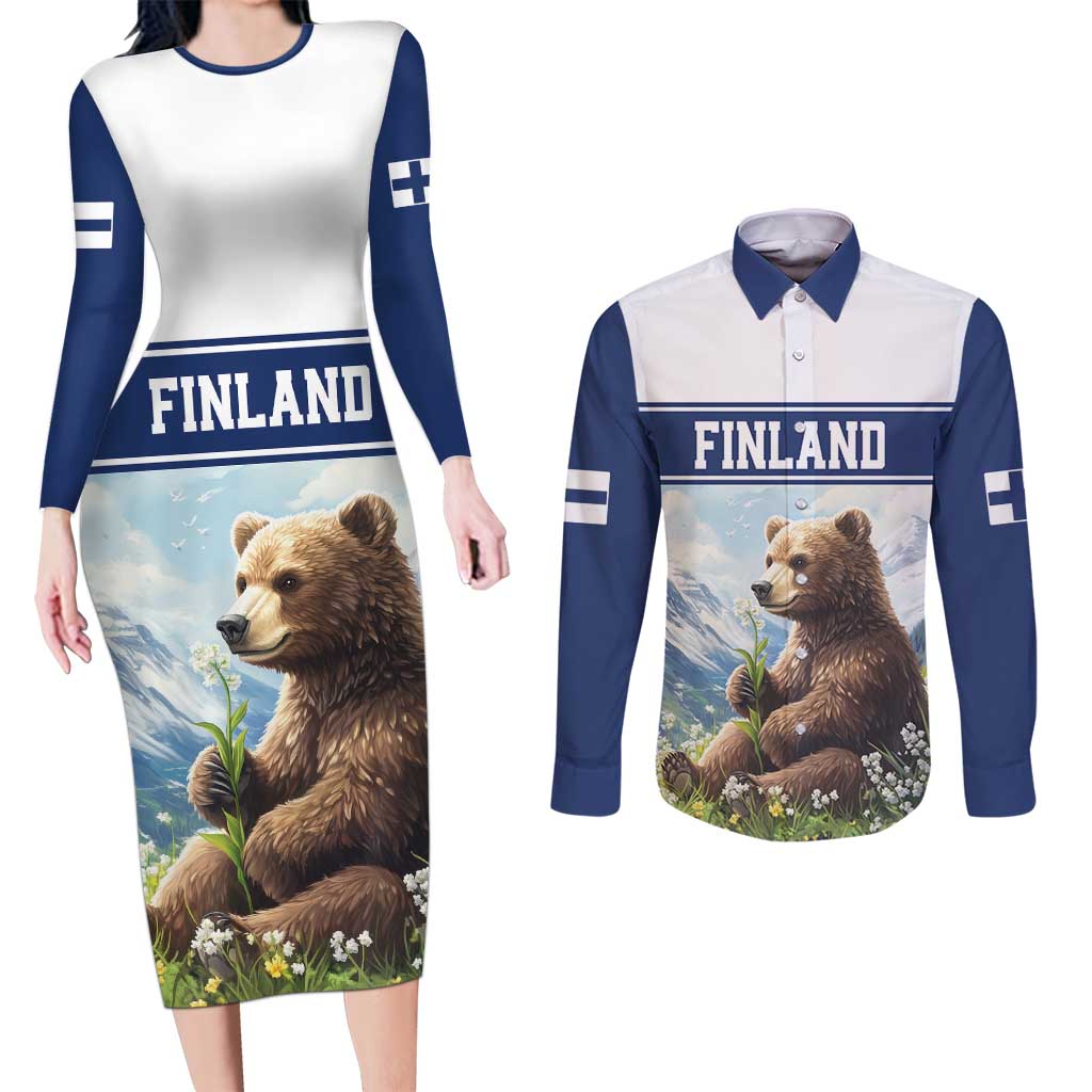 Personalized Finland Couples Matching Long Sleeve Bodycon Dress and Long Sleeve Button Shirt Brown Bear With Lily Of The Valley - Wonder Print Shop