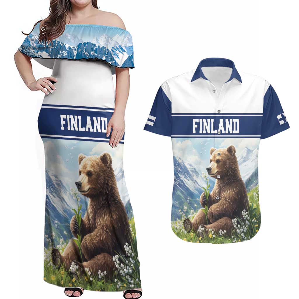 Personalized Finland Couples Matching Off Shoulder Maxi Dress and Hawaiian Shirt Brown Bear With Lily Of The Valley - Wonder Print Shop