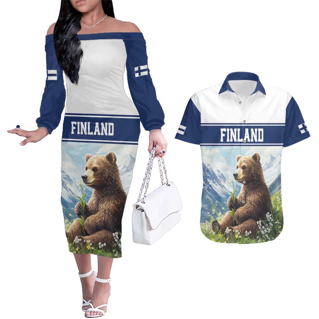 Personalized Finland Couples Matching Off The Shoulder Long Sleeve Dress and Hawaiian Shirt Brown Bear With Lily Of The Valley - Wonder Print Shop