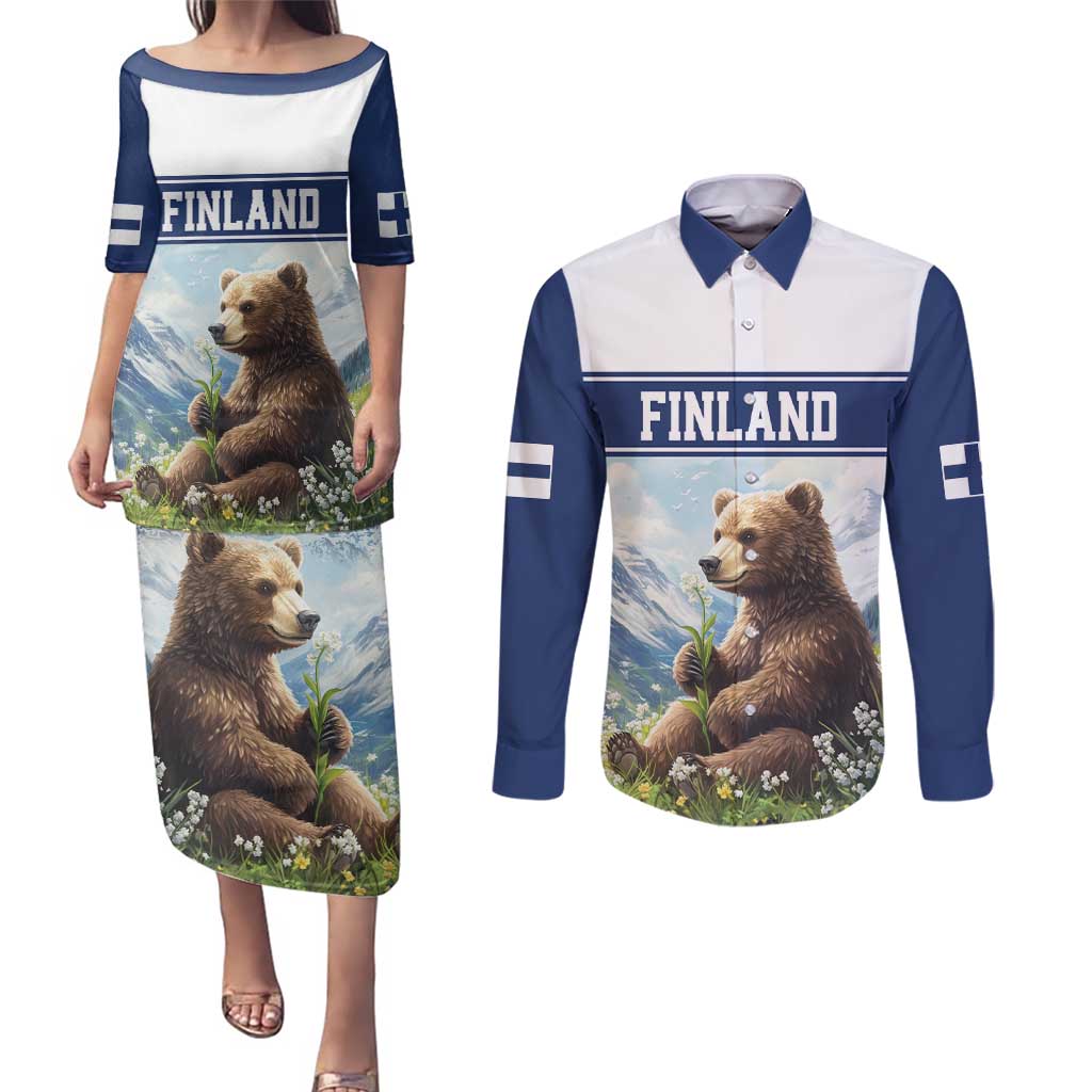 Personalized Finland Couples Matching Puletasi and Long Sleeve Button Shirt Brown Bear With Lily Of The Valley - Wonder Print Shop