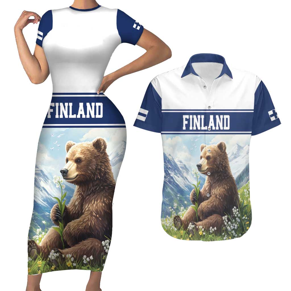 Personalized Finland Couples Matching Short Sleeve Bodycon Dress and Hawaiian Shirt Brown Bear With Lily Of The Valley - Wonder Print Shop