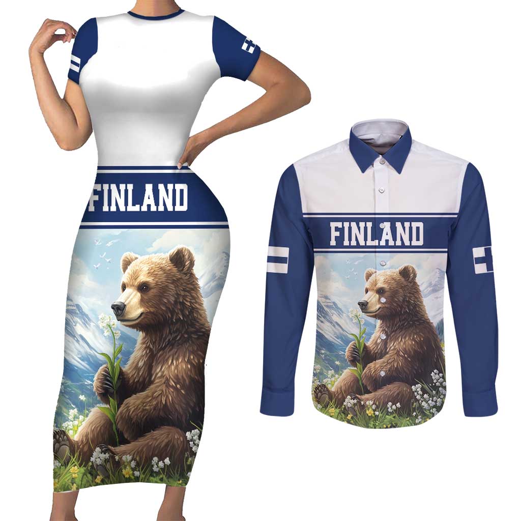 Personalized Finland Couples Matching Short Sleeve Bodycon Dress and Long Sleeve Button Shirt Brown Bear With Lily Of The Valley - Wonder Print Shop