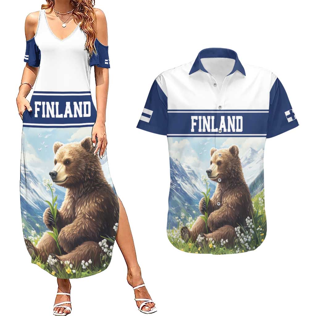 Personalized Finland Couples Matching Summer Maxi Dress and Hawaiian Shirt Brown Bear With Lily Of The Valley - Wonder Print Shop