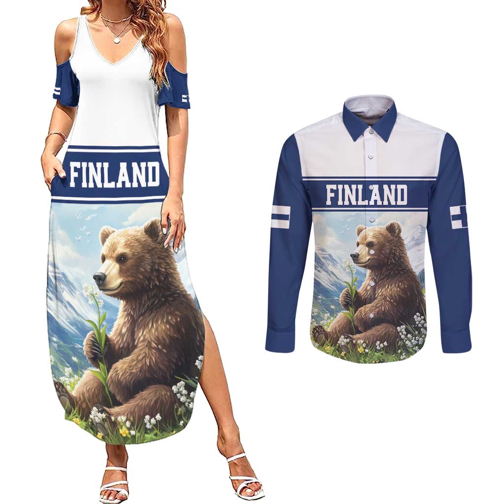 Personalized Finland Couples Matching Summer Maxi Dress and Long Sleeve Button Shirt Brown Bear With Lily Of The Valley - Wonder Print Shop