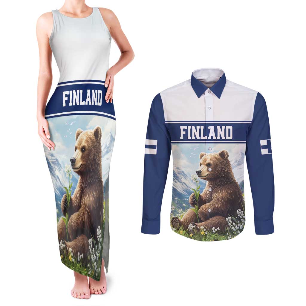 Personalized Finland Couples Matching Tank Maxi Dress and Long Sleeve Button Shirt Brown Bear With Lily Of The Valley - Wonder Print Shop