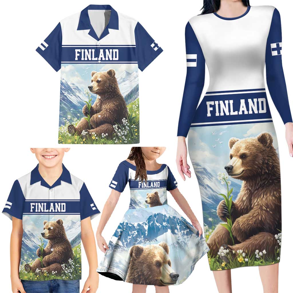 Personalized Finland Family Matching Long Sleeve Bodycon Dress and Hawaiian Shirt Brown Bear With Lily Of The Valley - Wonder Print Shop