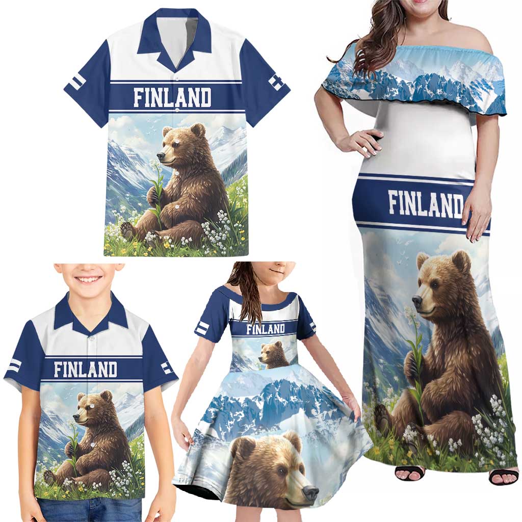 Personalized Finland Family Matching Off Shoulder Maxi Dress and Hawaiian Shirt Brown Bear With Lily Of The Valley - Wonder Print Shop