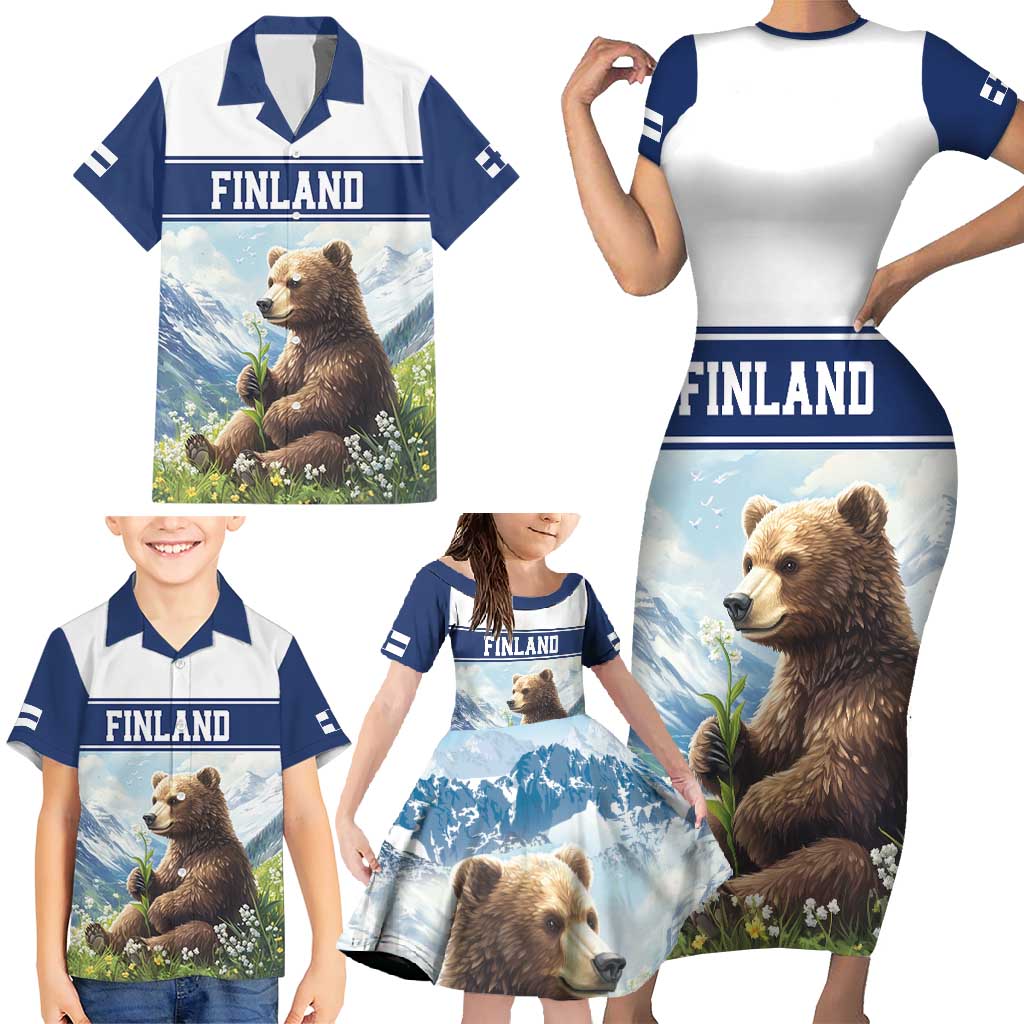 Personalized Finland Family Matching Short Sleeve Bodycon Dress and Hawaiian Shirt Brown Bear With Lily Of The Valley - Wonder Print Shop