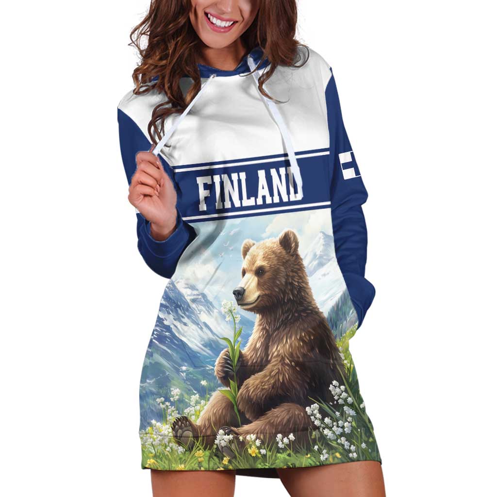 Personalized Finland Hoodie Dress Brown Bear With Lily Of The Valley - Wonder Print Shop