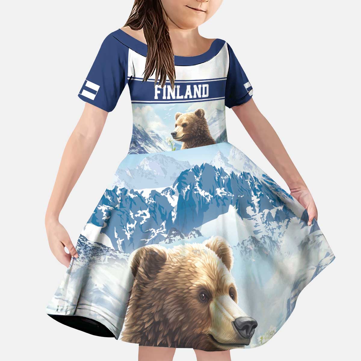 Personalized Finland Kid Short Sleeve Dress Brown Bear With Lily Of The Valley - Wonder Print Shop