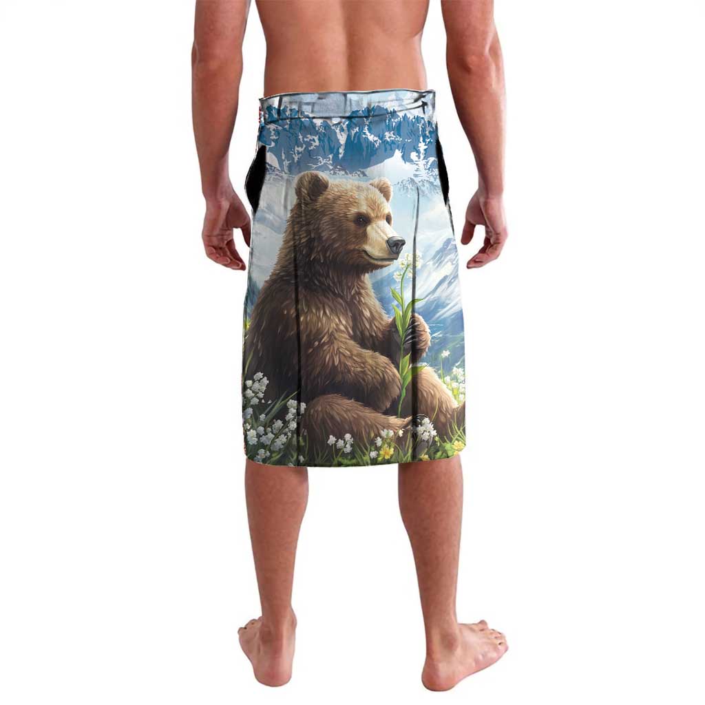 Personalized graphic swim shorts with bear portrait on blue mountain background