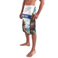 Personalized graphic swim shorts, side view with two bears and blue mountain scene