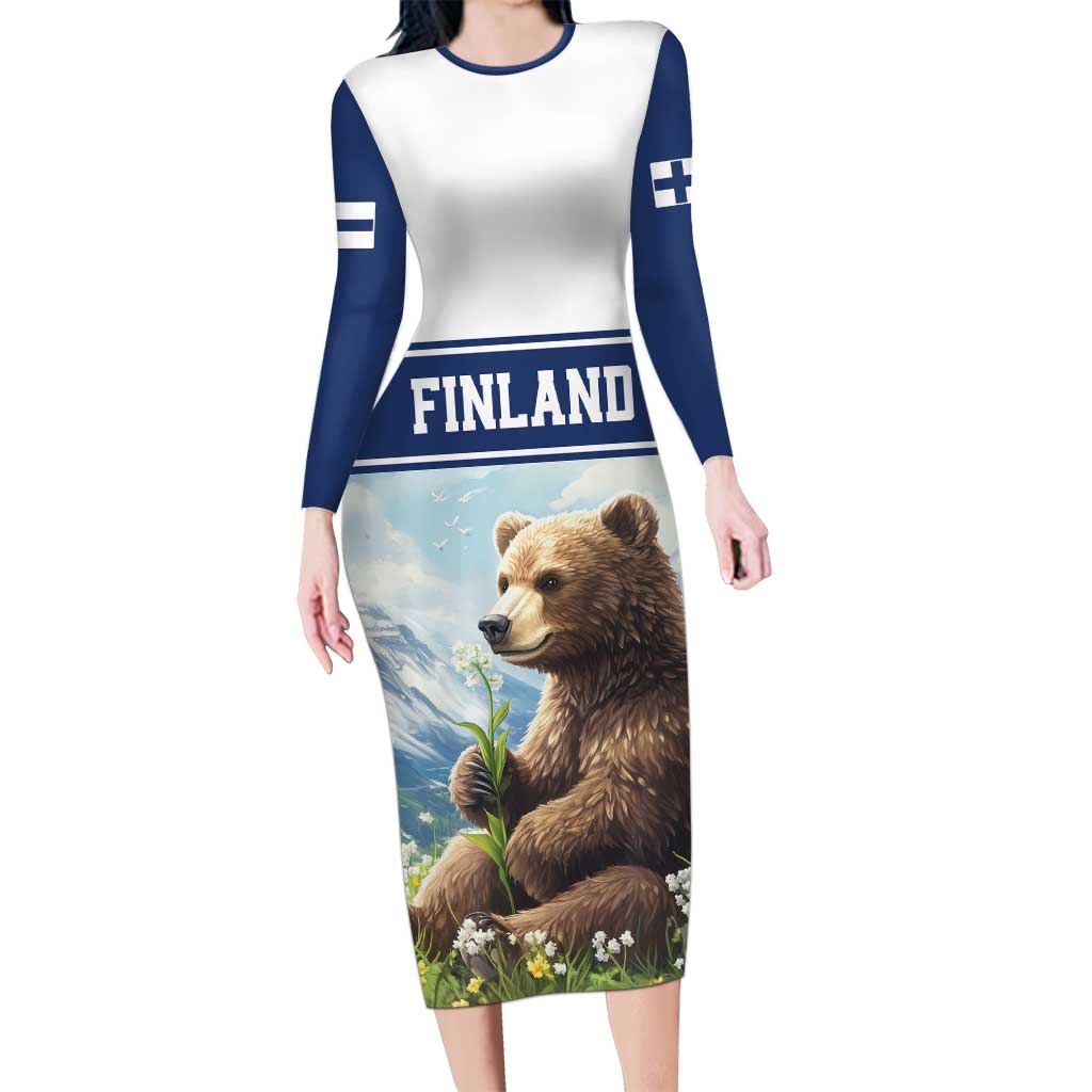 Personalized Finland Long Sleeve Bodycon Dress Brown Bear With Lily Of The Valley - Wonder Print Shop