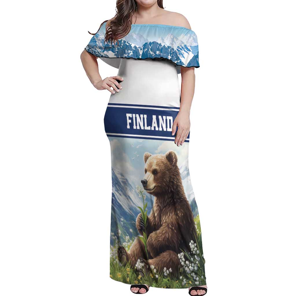 Personalized Finland Off Shoulder Maxi Dress Brown Bear With Lily Of The Valley - Wonder Print Shop