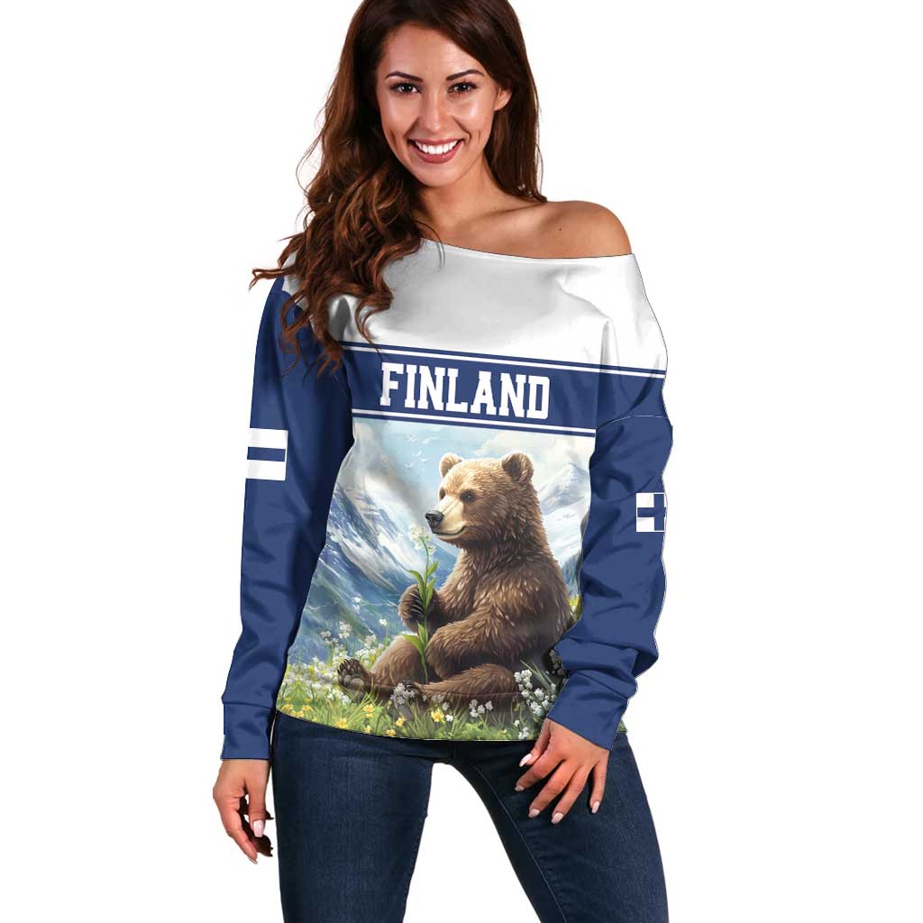 Personalized Finland Off Shoulder Sweater Brown Bear With Lily Of The Valley