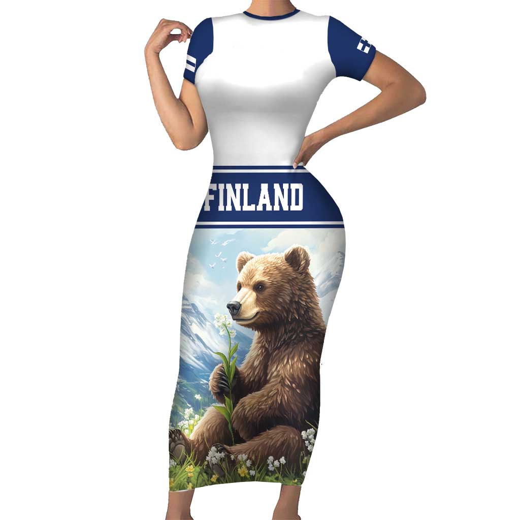 Personalized Finland Short Sleeve Bodycon Dress Brown Bear With Lily Of The Valley - Wonder Print Shop