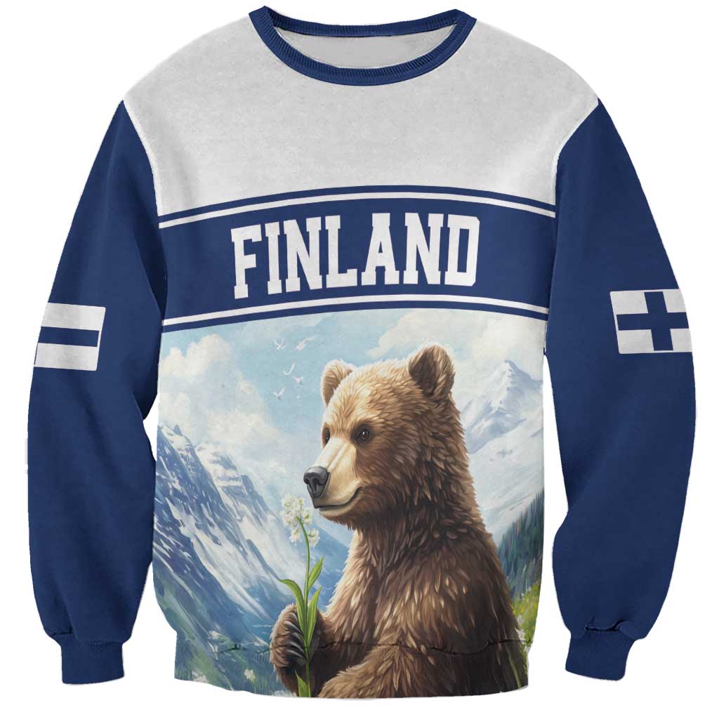Unisex two-tone sweatshirt in navy and gray with bear & flower graphic, FINLAND print